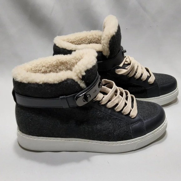 Coach Richmond Women's Sneakers Fleece Lined Gray size 7B  High top wool Leather - Picture 1 of 11